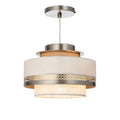 ### Tytuł techniczny w języku polskim: **Lampa wisząca z metalowym wykończeniem i materiałowym abażurem**