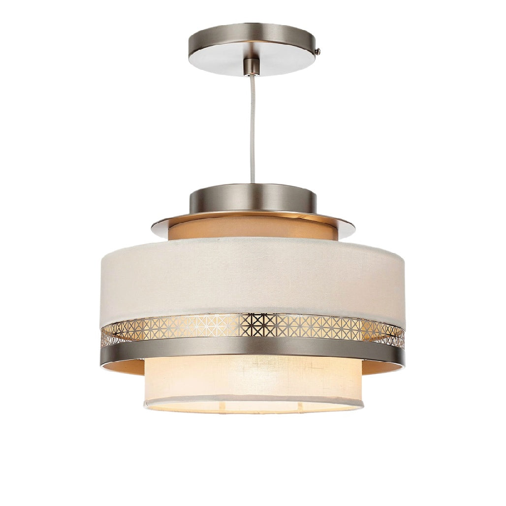 ### Tytuł techniczny w języku polskim: **Lampa wisząca z metalowym wykończeniem i materiałowym abażurem**